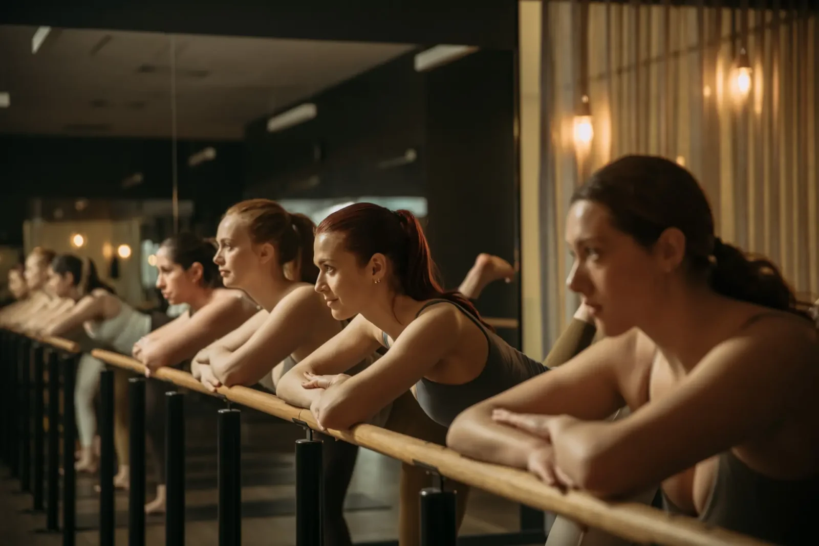 Row of people with arms crossed resting on bar