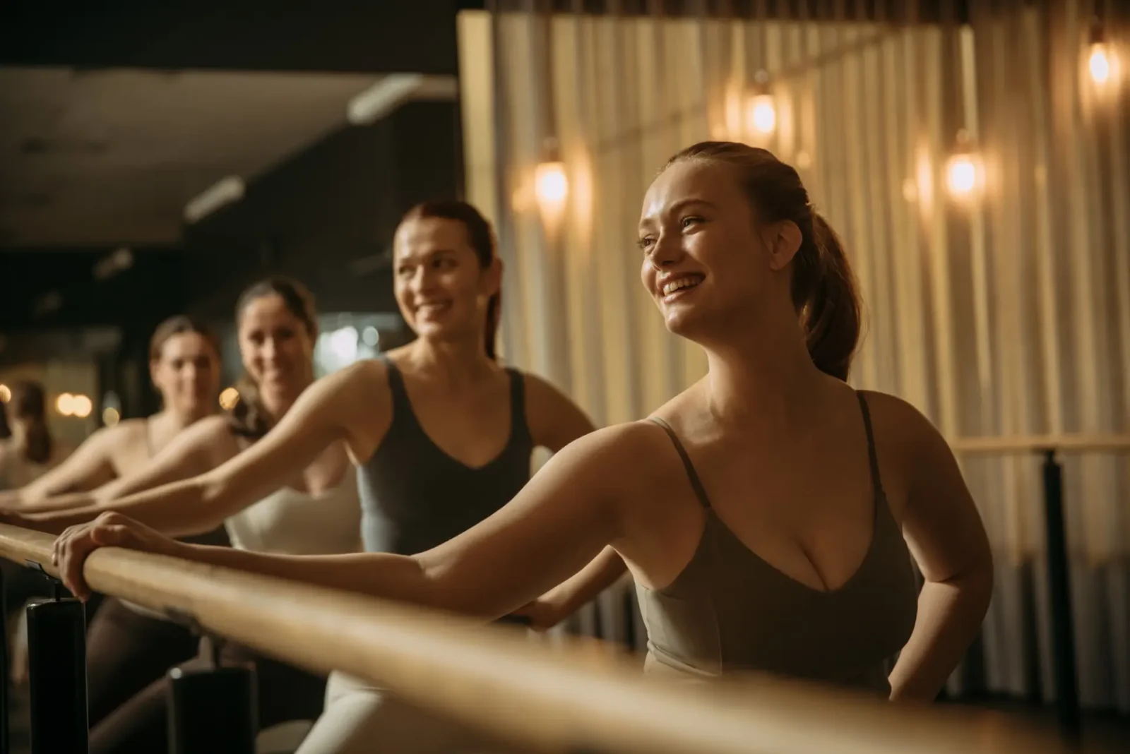 Row of people with right hand on bar and left hand on hip